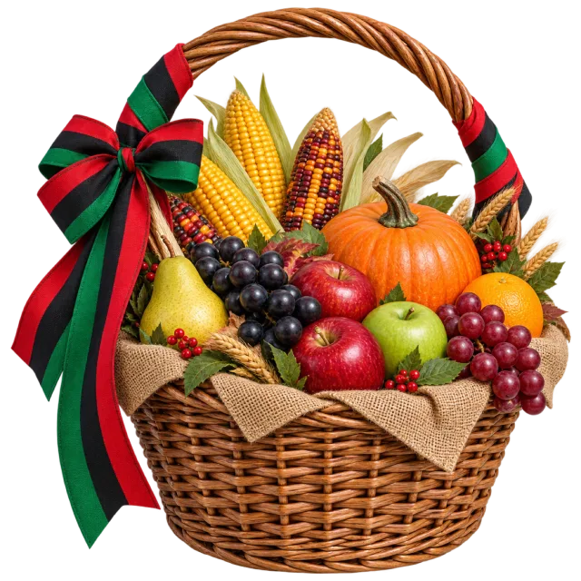 A harvest basket holds produce and a red, green and black ribbon