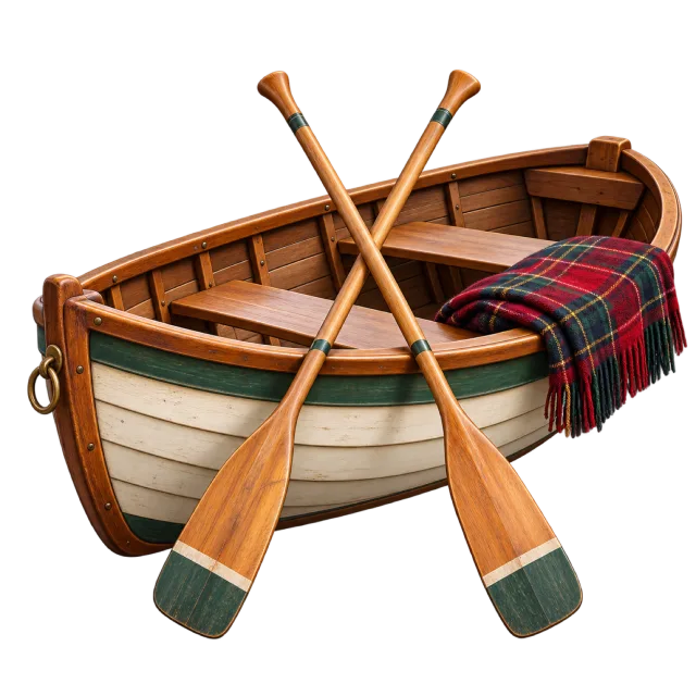 A wooden rowboat contains crossed oars and a plaid blanket