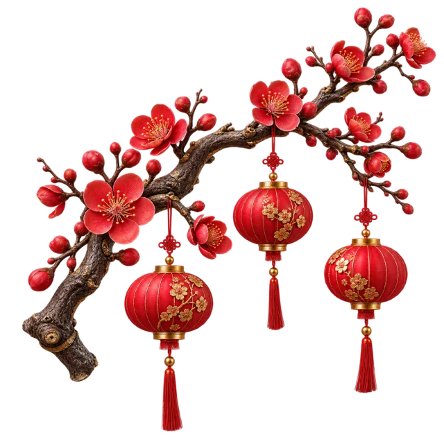 Red lanterns hang from a flowering branch