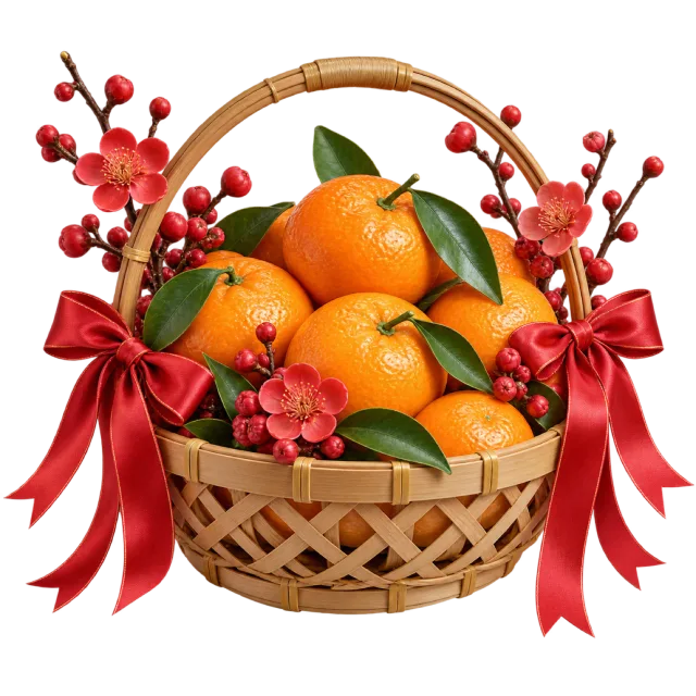 A woven basket holds oranges, blossoms and red ribbons