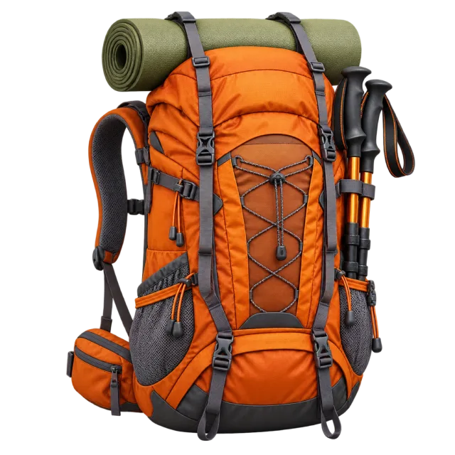 An orange hiking backpack carries a rolled mat and walking poles