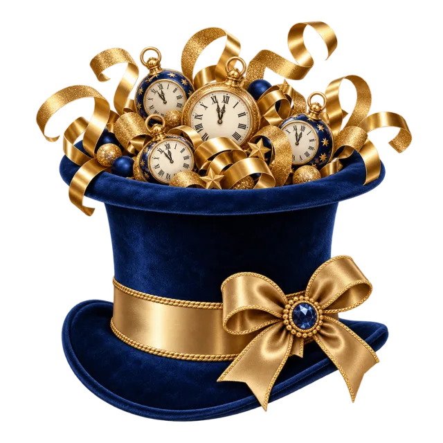 A navy party hat holds small clocks and gold-colored streamers