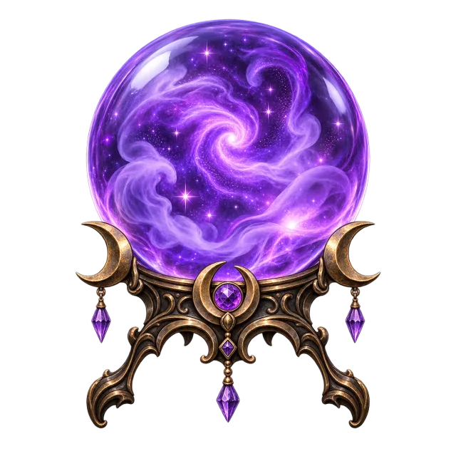 Glowing purple crystal ball with swirling stars on an ornate gold stand with crescent moons on a transparent background