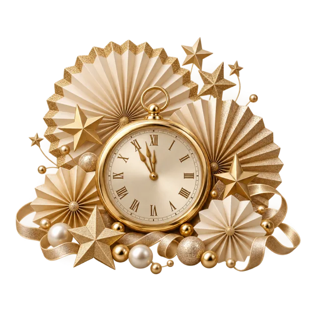 A clock is surrounded by gold-colored paper fans and stars