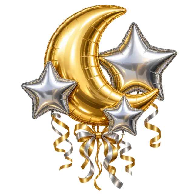 Gold and silver moon and star balloons trail curled ribbons