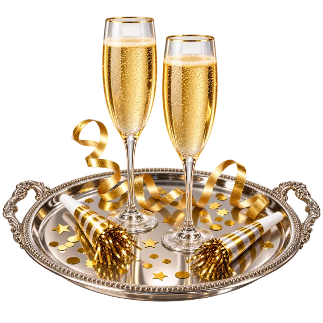 Two sparkling drink flutes stand on a decorative party tray