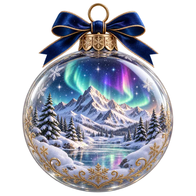 A round ornament shows snowy mountains beneath colorful northern lights