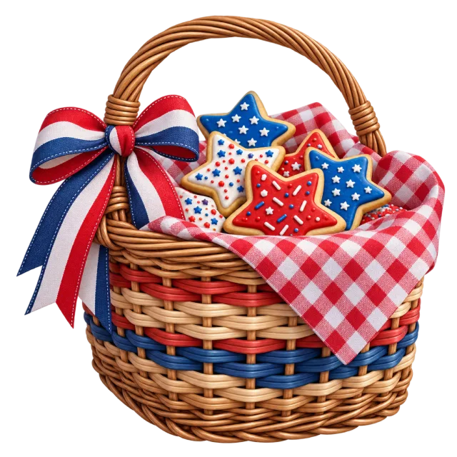 A checked picnic basket holds red, white and blue decorated cookies