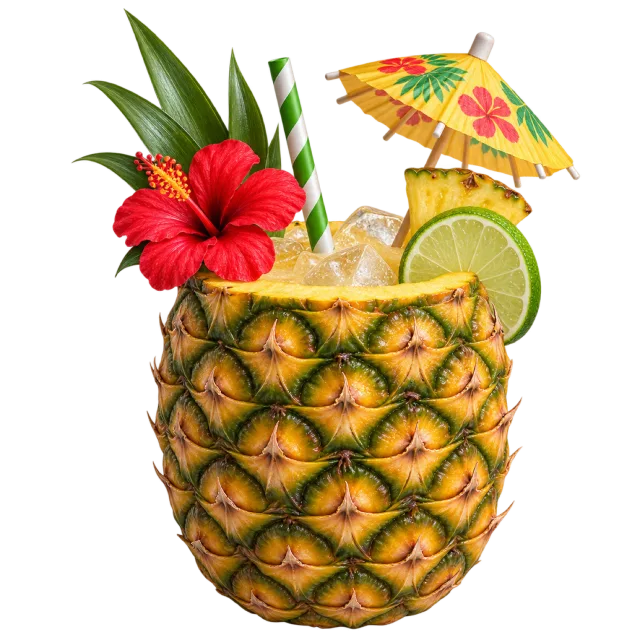 A pineapple drink is decorated with a flower, citrus and small umbrella