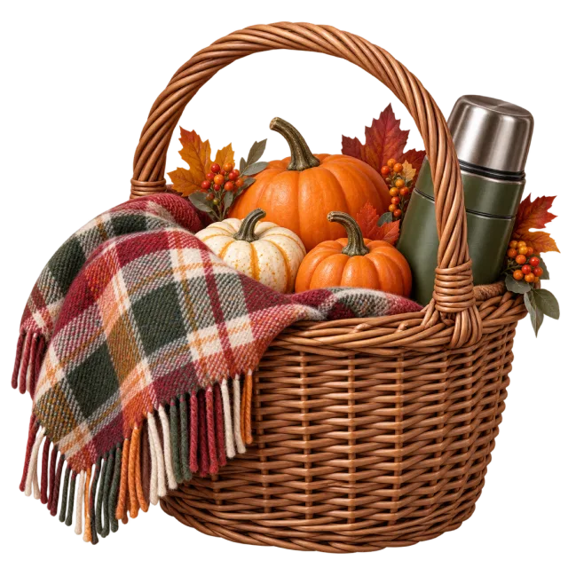 A wicker picnic basket carries pumpkins, a thermos and plaid blanket