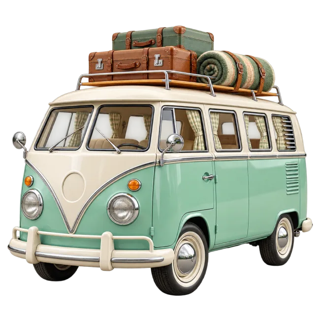 A mint camper van carries luggage and a rolled mat on its roof
