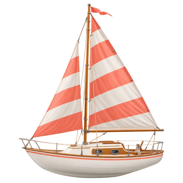 A white sailboat has coral and cream striped sails
