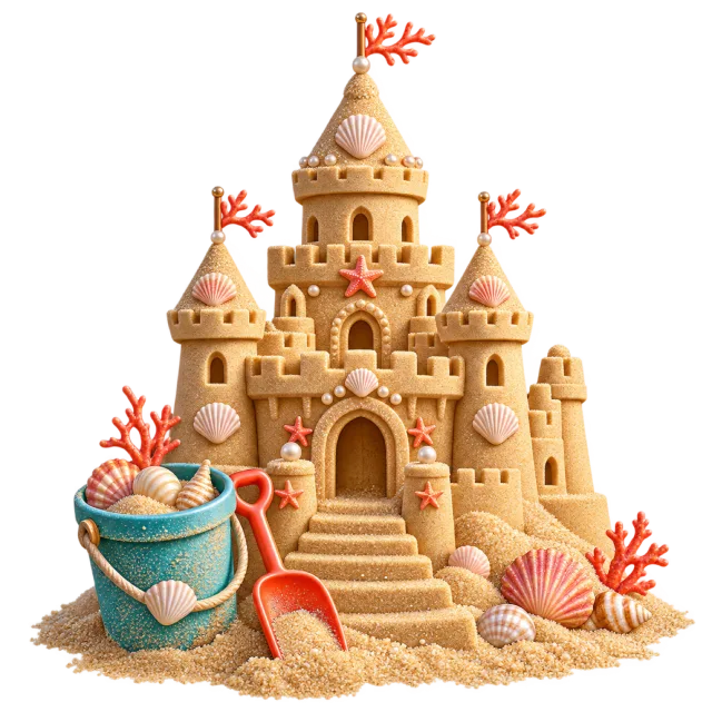 A detailed sandcastle stands beside a bucket, shells and coral shapes