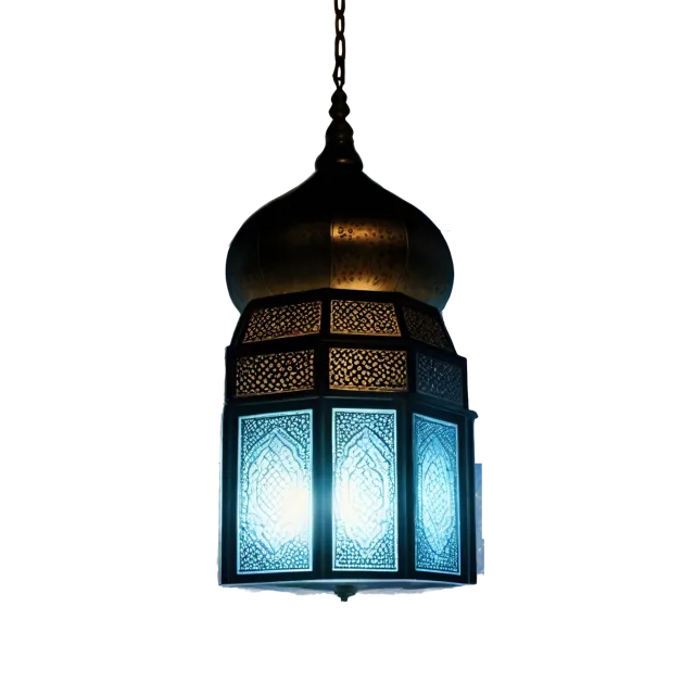 Dark metal hanging lantern with blue glass panels and a domed top on a transparent background