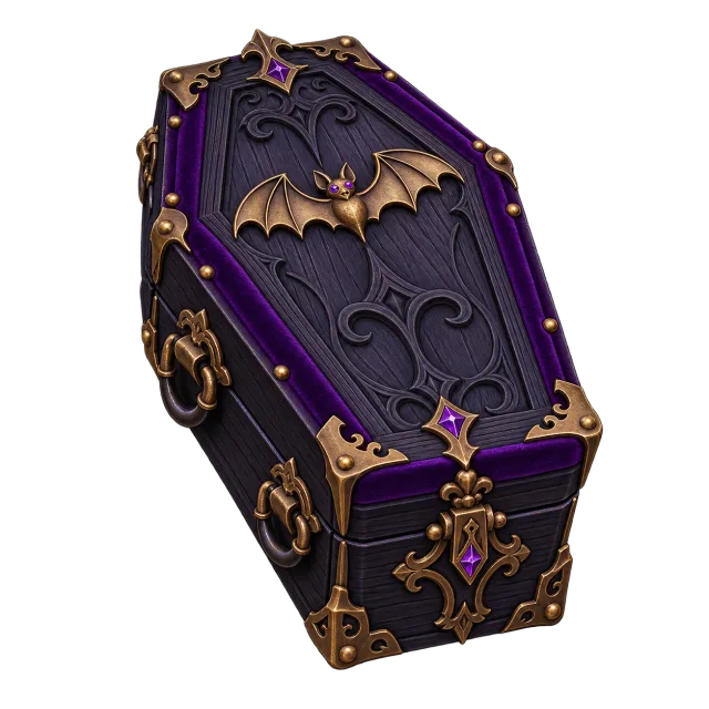 Closed purple coffin with ornate gold trim and a bat decoration on the lid on a transparent background