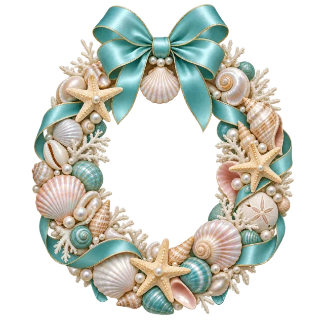 Shells and starfish form a wreath tied with a turquoise bow