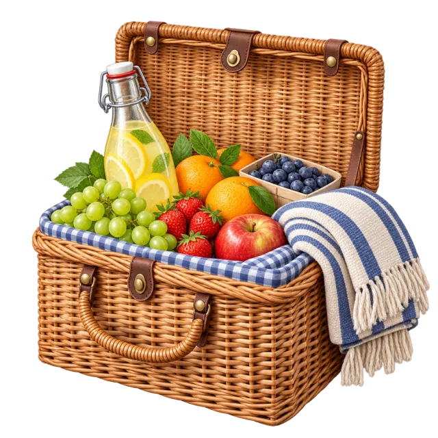 An open picnic basket holds fruit and a striped cloth