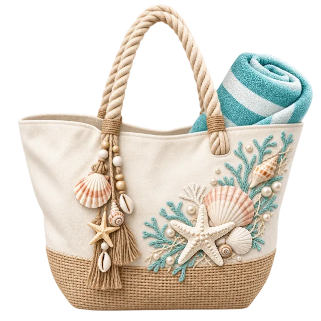 A cream beach tote has shell decorations and a rolled towel