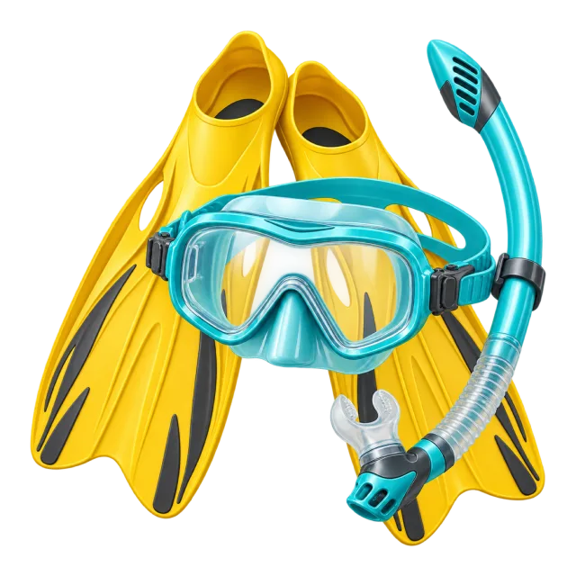 Yellow fins sit beside a turquoise snorkel and mask