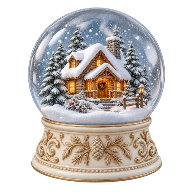 A glass globe contains a snowy wooden cabin and evergreen trees