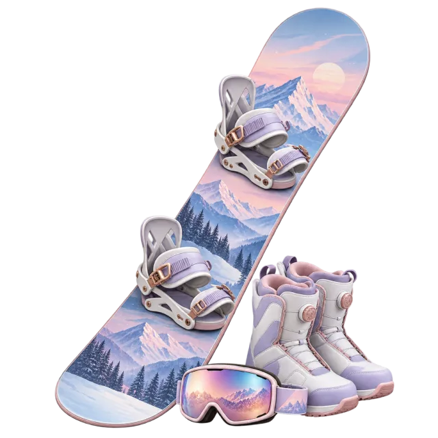 A pastel mountain-patterned snowboard is paired with boots and goggles