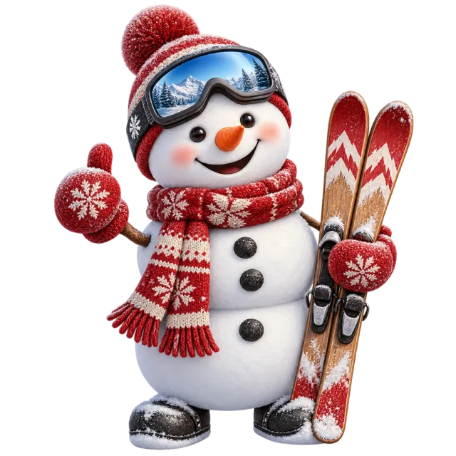 A snowman in red winter clothing carries skis