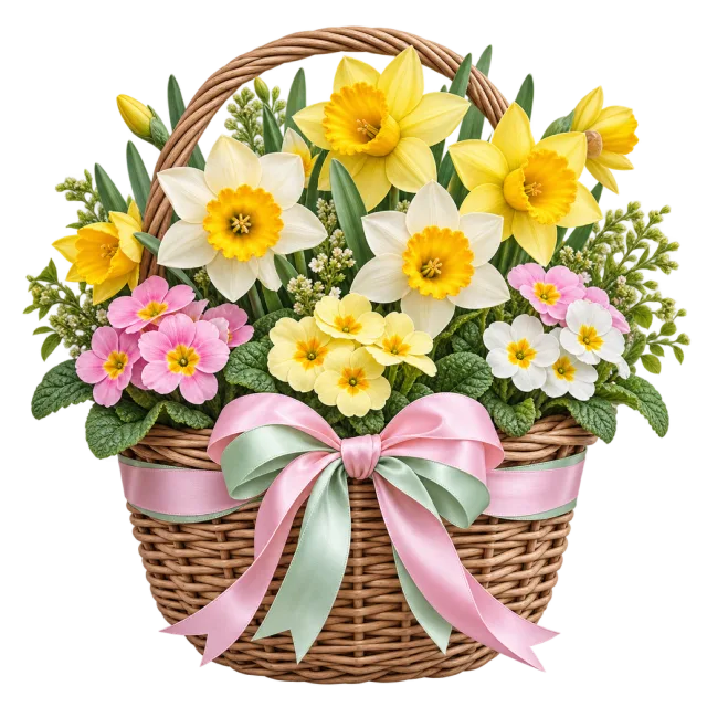 A wicker basket is filled with daffodils and spring flowers