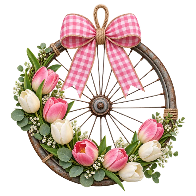 A bicycle-wheel wreath has tulips and a pink checked bow