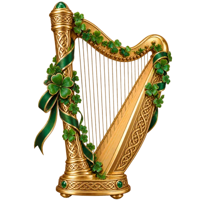 A gold-colored harp is decorated with green clovers and ribbon