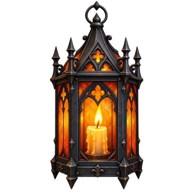 Pointed black gothic lantern with orange glass panels and a glowing candle inside on a transparent background