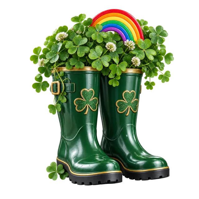 Green boots hold clovers, white flowers and a small rainbow