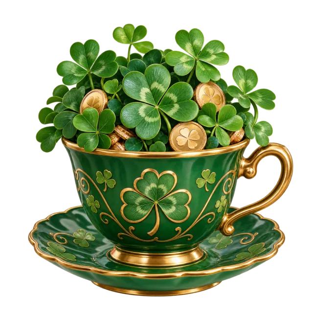 A green and gold-colored teacup holds clovers and coin-like decorations