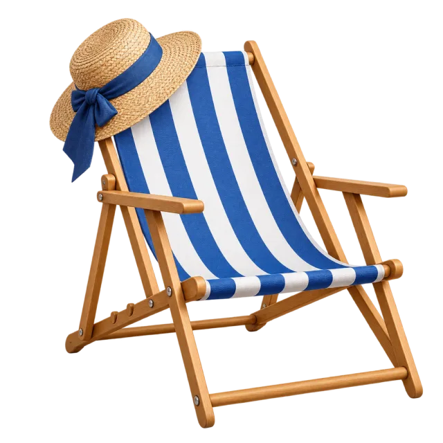 A blue and white striped beach chair has a straw hat