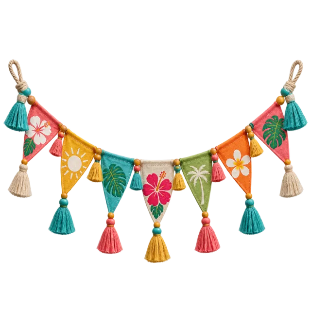 Colorful floral pennants and tassels hang on a curved cord
