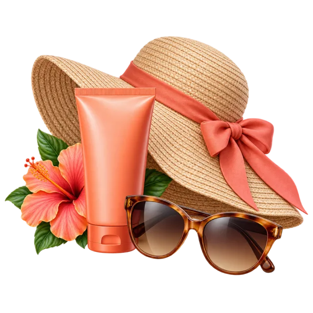 A straw hat, sunglasses and coral sunscreen tube sit with flowers