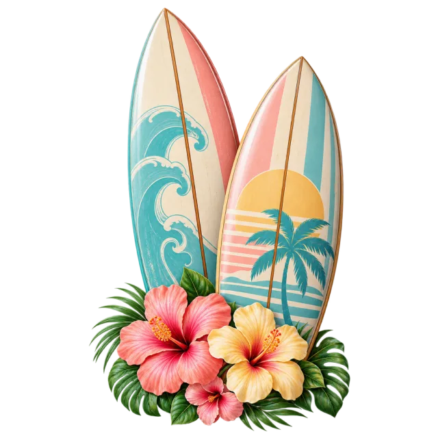 Two pastel surfboards stand behind tropical flowers