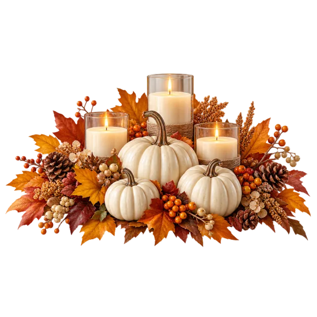 Cream pumpkins and candles sit among autumn leaves