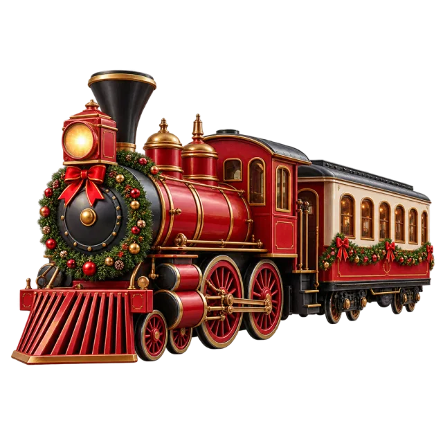 A red holiday locomotive has evergreen decorations