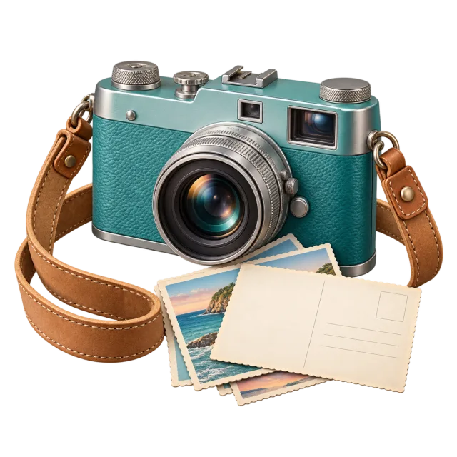 A turquoise camera sits with a strap and blank photo cards