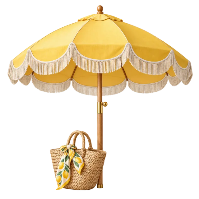 A yellow fringed beach umbrella shades a woven bag