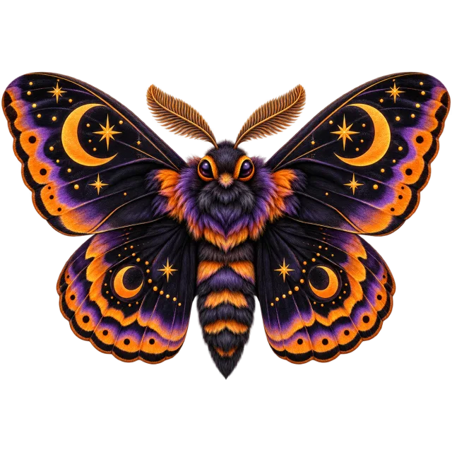 Purple and orange moth with spread wings decorated with crescent moons and stars on a transparent background