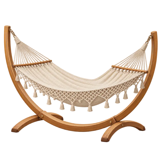 A cream rope hammock hangs from a curved wooden stand