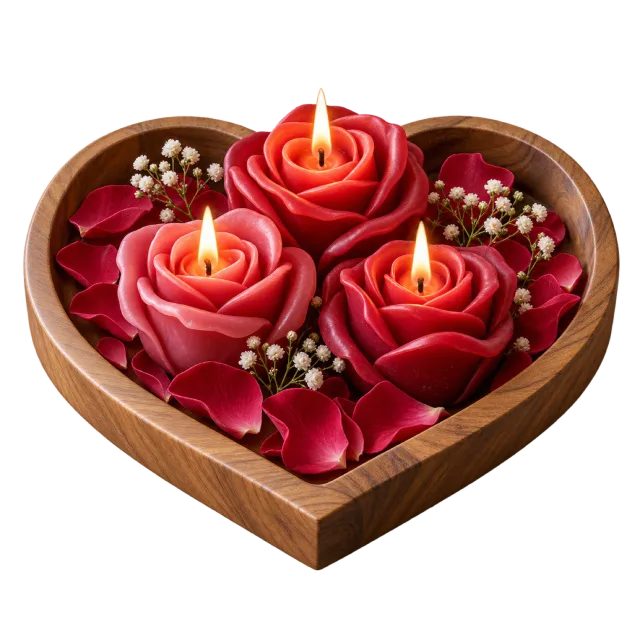 Red rose-shaped candles fill a heart-shaped tray