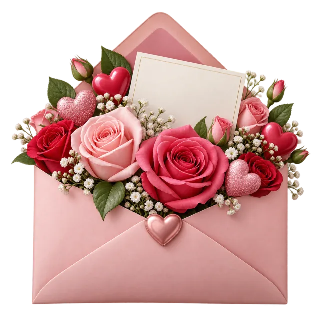 A pink envelope holds roses and a blank cream card