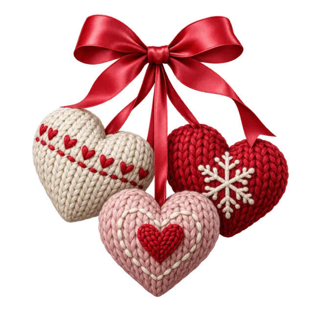 Red, cream and pink knitted hearts hang beneath a red bow