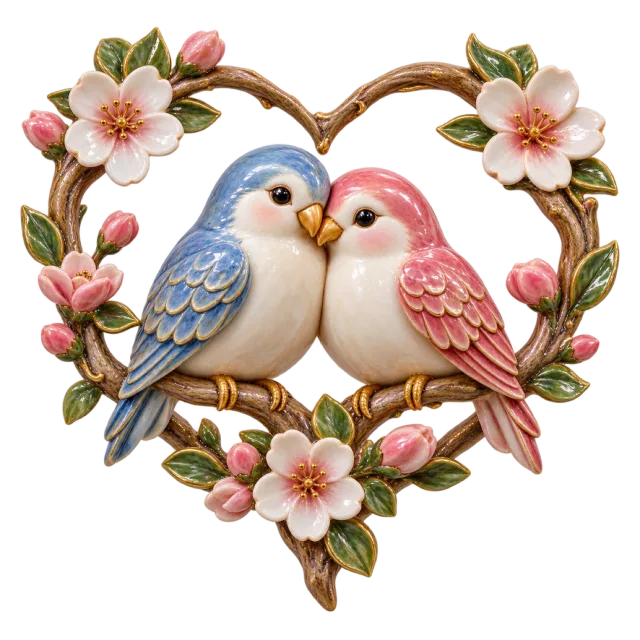 Two pastel birds perch inside a floral heart