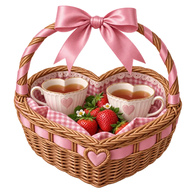 A pink-bowed basket holds tea cups and strawberries