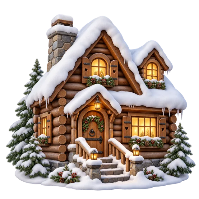 A snow-covered wooden cabin has glowing windows