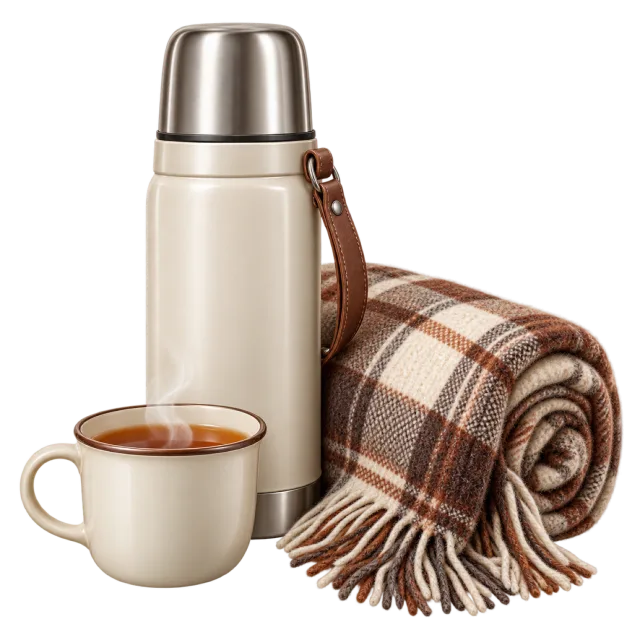 A cream thermos and cup sit beside a rolled plaid blanket