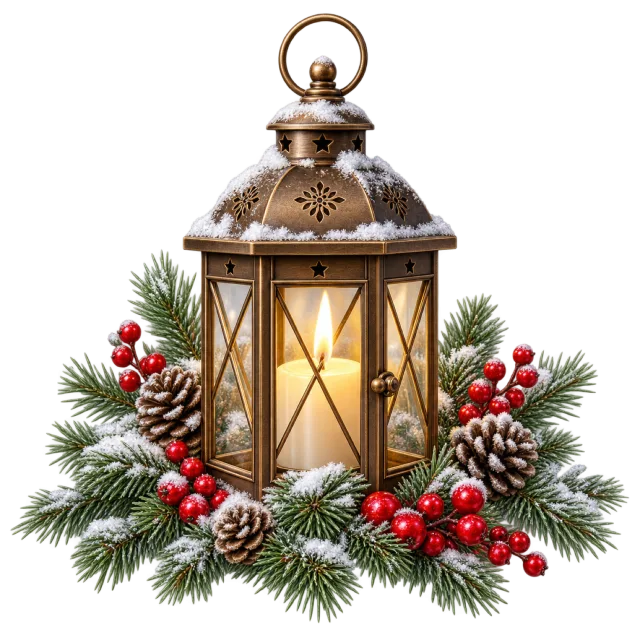 A glowing lantern is surrounded by evergreen sprigs and red berries
